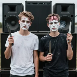 two British male youths holding knives and smoking, with white powder on their faces and their brains exposed, standing in front of a large sound system, photorealistic