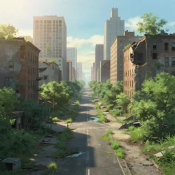 a abandoned and ruined new york with trees and grass on the streets and small rivers crossing the streets at sunrise, concept art, trending on deviantart, highly detailed, high quality, 8 k, serene landscape, high quality, highly detailed, ghibli studio, anime style, pixar style, digital art, digital painting, masterpiece, soft lighting, path traced, soft colors