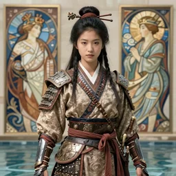 detailed ultrarealistic photography of waterworld rustic heroic warrior japanese girl, moebius, ian miller, mucha cinematic, full shot