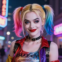 Harley Quinn in cyberpunk clothes, smiling softly, closeup shot, city background, neon signs, vibrant colors, 4k, artstation, artstationHD, trending, beautiful, digital art
