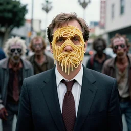 sharp portrait of a man in a suit with a face made of spaghetti standing in los angeles with blured zombies on a background, bokeh, detailed, film photography, kodak portra 4 0 0, mamiya,