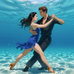 semi realistic portrait  Salsa Dancing  inside clear blue ocean water  by  Hyung-tae Kim and by Artgerm Lau , color overlay, rim light and highlights ,   Gesture draw, Salsa Social Dance, couple, Salsa tricks, WLOP,  Hyung-tae Kim, Rossdraws, Gesture draw,  James Jean, Andrei Riabovitchev, Marc Simonetti, and Sakimichan, trending on artstation