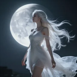 beautiful moon spirit, flowing white hair, delicate short dress, imaginative, ultra hd render + cinematic lighting