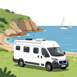 very little class c motorhome on the grass by the harbor, rocky coast, sailboats, white background, digital cartoon painting art, 4 colors!!!