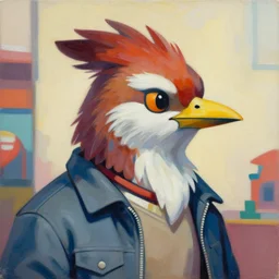 portrait painting an anthropomorphic bird fursona wearing a jacket and a collar, medium shot, asymmetrical, profile picture, organic painting, sunny day, matte painting, bold shapes, hard edges, street art, trending on artstation, by huang guangjian and gil elvgren and sachin teng