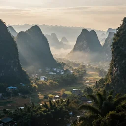 a misty morning in the yangshuo karst hills, beautiful mattepainting, featured on artstation, by albert bierstadt