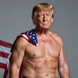 a photo of a shirtless, muscular, handsome donald trump, with an american flag draped around his shoulder. professional photo shoot, 5 0 mm lens, f 1. 8.