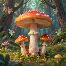 psychedelic mushrooms in an enchanted forest with fairies in the trees wide angle shot, white background, vector art, illustration by frank frazetta and salvador dali