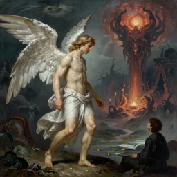a beautiful picture of the angel Lucifer looking at the domain of hell by Greg Rutkowski and Ruan Jia, hyper realistic, landscape, 8k texture, trending on Artstation