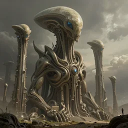 brutalist alien civilization, matte painting by Barclay Shaw and Marc Simonetti, featured in artstation, octane render, cinematic, elegant, intricate, 8k
