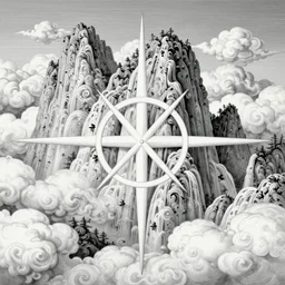 over the mountains, cascading clouds, durer, mystical symbol, very detailed, digital art, trending on artstation, masterpiece