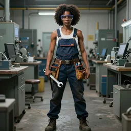 90's professional color photograph a muscular black female engineer wearing overalls, goggles, toolbelt, holding a wrench, serious, concentrated, industrial aesthetic, full body, highly detailed, photo real, technical atmosphere, 8K