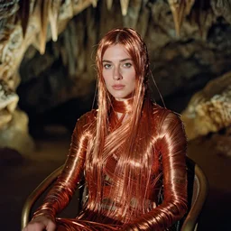 closeup portrait of a woman wrapped in copper fiber, sitting in a chair, in waitomo caves new zealand, color photograph, by vincent desiderio, canon eos c 3 0 0, ƒ 1. 8, 3 5 mm, 8 k, medium - format print