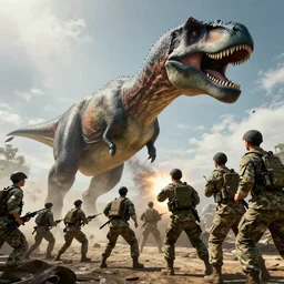the us military attacking an enormous dinosaur, dramatic angle