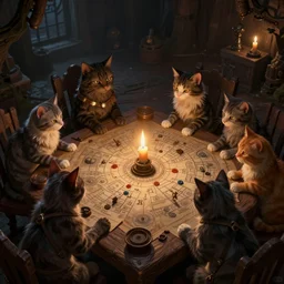 a group of cats playing dungeons and dragons around a table in a dark cellar. soft ligthing from candles. dungeon map on the table. concept art, high details. artstation hq