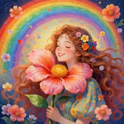 a happy girl flower in the rainbow withh flowers flying in a psicodelical dream, ultra realistic illustration, intricate, elegant, highly detailed, digital painting, artstation, concept art, smooth, sharp focus, illustration, art by artgerm and greg rutkowski and alphonse mucha