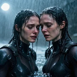cinestill 5 0 d candid photographic portrait by christopher nolan of two loving female androids sobbing wearing rugged black mesh techwear in treacherous waters, extreme closeup, modern cyberpunk moody emotional cinematic, pouring iridescent rain bright spotlight, 8 k, hd, high resolution, 3 5 mm, f / 3 2, ultra realistic faces, ex machina