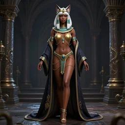 full length complex 3 d hyper realistic smooth ultra sharp render of a gorgeous light skinned african woman with white hair | bikini, chains, robes | demoness, succubus, witch, egyptian goddess, neko, cat ears, goddess of beauty | medieval, fantasy, d & d, unholy | intricate, highly detailed, octane render, photorealistic, cinematic | art by 吵 集 仁 儿 on artstation + oh jinwook + sakimichan