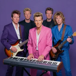 8 0's synthesizer band, anton corbijn, purple, pink, blue, posed, duran duran, synthesizer, guitar, atmospheric lighting. highly detailed painting by greg rutkowski.