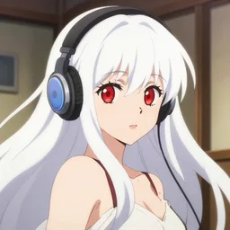anime film still portrait of a japanese young woman, large, red eyes, long white hair wearing headphones in her room interior, detailed facial features, dynamic pose, cute face by ilya kuvshinov, yoh yoshinari, makoto shinkai, psycho pass, rimlight, cel shaded, 4 k
