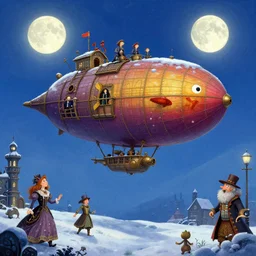airship, sky, winter, bnow, night, moon, victorian london, steampunk, nicoletta ceccoli, mark ryden, lostfish, max fleischer, hyper realistic, artstation, illustration, digital paint, matte paint, vivid colors, bright, cheerful, detailed and intricate environment