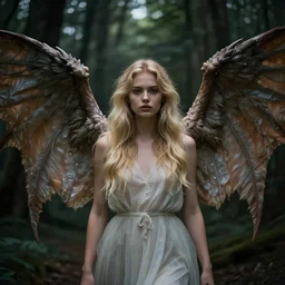very pretty blond female angel with huge dragon wings in a dark forest, perfect symmetrical face, shallow depth of field, moody lighting, single point of light, 8 k, cultural realistic, in the style of martina fackova,