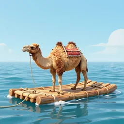 a camel sitting on a homemade wooden raft in the ocean made from ropes, wooden logs and barrels