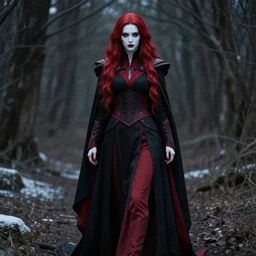 focus on a beautiful female sith warrior with pale white skin and long flowing red hair, delicate but powerful, wearing black and red imperial uniform with cape, outdoors in the forest in winter, dark shadowy gothic aesthetic, full body portrait, centered composition, detailed