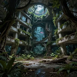 a beautiful detailed highly detailed abandoned room urbex architecture unfinished building by pierre de meuron, assassin's creed wilderness at night nature futuristic hyperrealism extraterrestial junglepunk myst nightvision galactic bladerunner 2 0 4 9 nightsky, archdaily, wallpaper, highly detailed, trending on artstation.