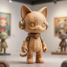 octane render 8 k sculpture beautiful realistic character wooden design art toys collection very cute figurine occult android cat ears cyberpunk, photorealistic in gallery of art in background concept art cgsociety style popart