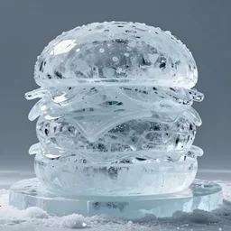 a clear ice sculpture of a burger made entirely of ice, 4 k