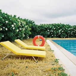two yellow beach beds and a red life saver next to a pool, yellowish grass and green bushy enviorment with white flowers, grainy photograph, diagonal composition, cloudy day, long shot, close up