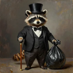 a raccoon wearing formal clothes, wearing a tophap and holding a cane. the raccoon is holding a garbage bag. oil painting in the style of rembrandt.