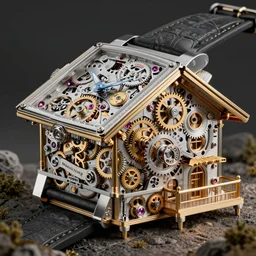 Beautiful Swiss watch chalet made of an intricate watch parts, cogs, gears, gearwheels, levers, jewels, shiny silver, shiny gold, architectural render, steampunk, by Gabriel Dawe, by Skottie Young, by Jessica Rossier, by Isaac Cordal, Rolex, Breitling, Jacob & Co, Omega, Tag Heur, Hublot