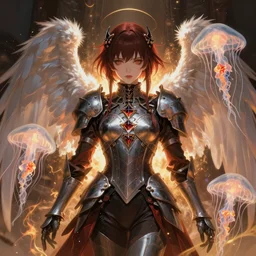 angel knight gothic girl. intricate, centered, amazing composition by amano yoshitaka, by rembrandt, illustrious makinami, digital art, digital painting, artstation trending, unreal engine, fractal flame, transparent jellyfish