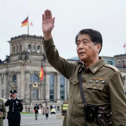 ww 2 photo of ferdinand marcos raising his right hand in the reichstag, german flags,