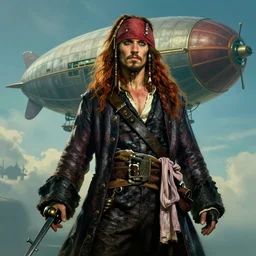 portrait painting of a 3 0 years old rugged masculine male pirate long long hair soft hair crimson hair upper body long coat elegant muscular rugged handsome floating mechanical zeppelin in background sky, unreal 4 key art cinematic lighting art 1 9 2 0 period drama by rutkowski andreas rocha