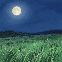 a field at night, night time, moonlight, dark blue sky, finely illustrated, highly detailed, colored pencil, good value control, good edge control, anime, animation, octane render, watercolor texture, 8 k