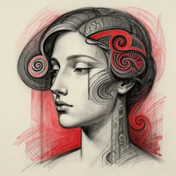 epic surreal 3 d portrait of abstract beautiful female face silhouette, art deco swirls. pencil sketch black and reds masterpiece by michelangelo. concept art, matte painting. greg rutkowski, wlop, victo ngai, kandinski