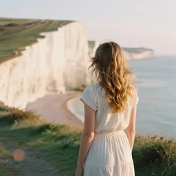 photograph of a beautiful!!! woman! from the back standing in white cliffs of dover by mark owen. pastel colors. kodak portra 4 0 0 film!!. whirl bokeh!. mamiya 7. highly detailed. hq. photoreal. golden hour. lens flare. faded film. in - frame