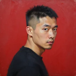 a man with short black hair and shaved sides looks over his shoulder into the camera, oil painting, red background, album cover