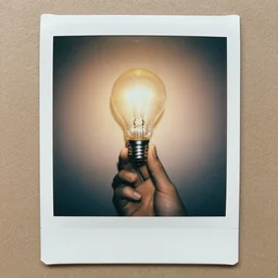 hand holding a glowing lightbulb, polaroid photo, surreal,