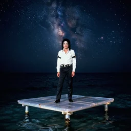 michael jackson standing on a raised translucent platform in the middle of the sea, night time with milky way in the sky. cinematic, 3 5 mm film, sharpness, nostalgic and melancholic 4 k, 8 k