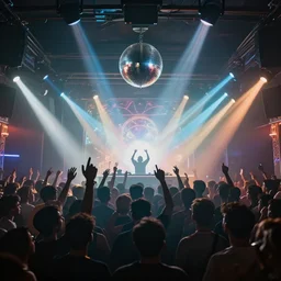 crowd partying with their hands up at a club, volumetric lighting, haze, moving heads light beams, spot lights, disco ball, dj on stage with raised hands at the far end, silhouette, digital art, trending on artstation, 4k, unreal engine, intricate, ornate