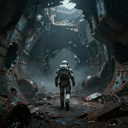 horror movie scene with moody colors of an individual in futuristic space suit walking through a broken down deep space mining space station, full body character portrait, the walls are broken and twisted metal, birds eye view, dark colors, rusting metal adorns the walls, tense atmosphere, misty floats through the air, amazing value control, dead space, moody colors, dramatic lighting