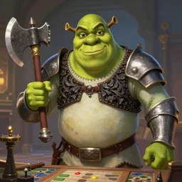 A realistic anime portrait of Shrek, D&D, two handed Axe, plated armor, dungeons and dragons, tabletop role playing game, rpg, jrpg, digital painting, by Stanley Artgerm Lau, Frank frazzeta, WLOP and Rossdraws, digtial painting, trending on ArtStation, SFW version