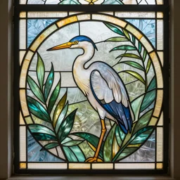 a very beautiful geometric stained glass panel of an egret and palm leaves