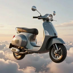 an epic fantasy illustration of a flying robotic vespa scooter among the clouds by alejandro burdisio, industrial, hydraulics, prosthetics, 4K, golden hour hues