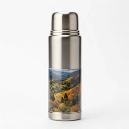 polished thermos flask, photorealistic, isolated on a pure white background, centered, entire object in frame, sharp focus, soft studio lighting
