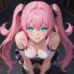 stunningly beautiful omnipotent megalomaniacal anime goddess who looks like junko enoshima with symmetrical perfect face and porcelain skin, pink twintail hair and mesmerizing cyan eyes, looking down upon the viewer and taking control while smiling in a mischievous way, mid view from below her feet taken in an extremely low angle, hyperdetailed, unreal engine 5, octane render, 8 k